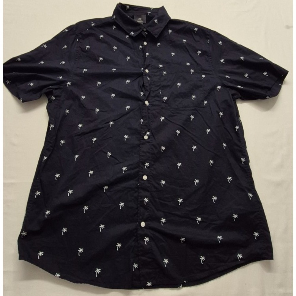 H&M Men's blue shirt LG Palm Tree print button up SS Regular Fit Tropical Cotton
